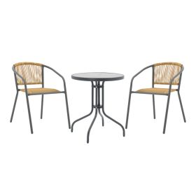 Tραπεζαρία Watson-Lindaria σετ 3τεμ μέταλλο ανθρακί-γυαλί- pe rattan σε φυσική απόχρωση Φ60x70εκ