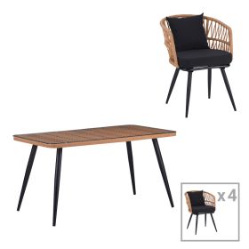 Τραπεζαρία Naoki σετ 5 τεμ γυάλινο- pe rattan σε φυσική απόχρωση με μαυρα πόδια 140x80x78εκ