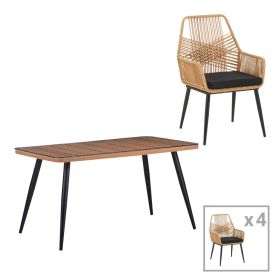 Τραπεζαρία Naoki-Tanish σετ 5 τεμ γυάλινο- pe rattan σε φυσική απόχρωση με μαυρα πόδια 140x80x78εκ