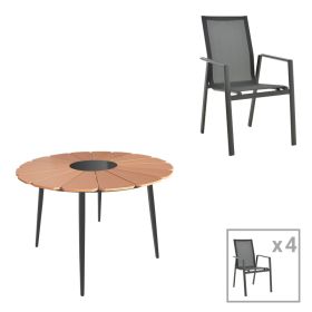 Τραπεζαρία Pinap-Dashiell σετ 5τεμ μαύρο αλουμίνιο και plywood σε φυσική απόχρωση Φ110x74εκ