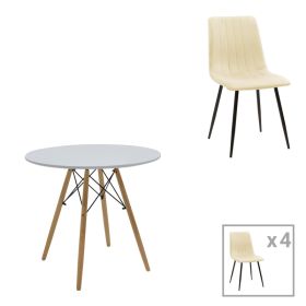 Τραπεζαρία Julita-Noor σετ 5τεμ MDF λευκό-μπεζ ύφασμα Φ80x73εκ