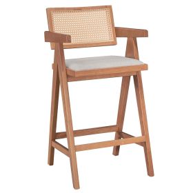 Σκαμπό bar με μπράτσα Winslow ξύλο rubberwood ανοικτό καρυδί-pvc rattan φυσικό-ύφασμα γκρι