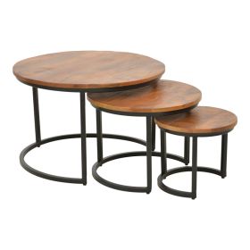 Τραπέζι σαλονιού Frina σετ 3τεμ mango ξύλο σε καρυδί απόχρωση με πόδι μαύρο μέταλλο