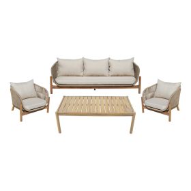 Σαλόνι εξωτερικού χώρου Verilan μασίφ ξύλο ακακίας με σχοινί και μπεζ μαξιλάρια